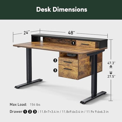 FEZIBO Whole-Piece Electric Standing Desk Adjustable Height with 3 Drawers, 48 x 24 inches Stand up Desk with Monitor Shelf, Sit Stand Rising Desk with Open Storage, Rustic Brown (2 Packages) - WoodArtSupply