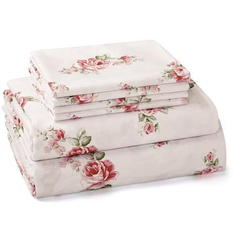 BYSURE Queen Sheet Set 6 Pieces (Pink Rose Floral), Cottage Core Botanical Patterned Sheets, Victorian Flower Microfiber Bedding Decor BYSURE