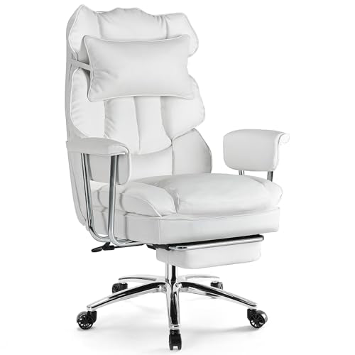Sweetcrispy Executive Home Office Desk Chair - Ergonomic Big Tall High Back with Footrest & Lumbar Support, Reclining Height Adjustable, Comfy PU Leather Computer Gaming with Swivel Wheels, White Sweetcrispy