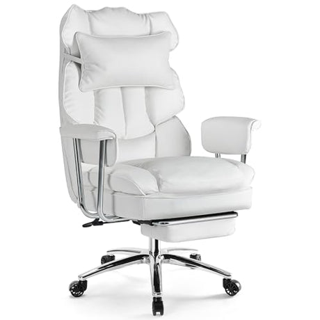 Sweetcrispy Executive Home Office Desk Chair - Ergonomic Big Tall High Back with Footrest & Lumbar Support, Reclining Height Adjustable, Comfy PU Leather Computer Gaming with Swivel Wheels, White Sweetcrispy