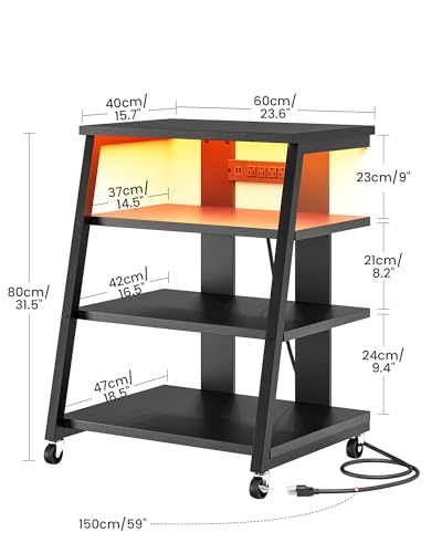 CHOEZON 4-Tier AV Media Stand with Wheels, Stereo Stands, Media Console Shelf with Power Strips, LED Lights, Wooden Audio Cabinet Rack Tower for Record Player/Apple TV/ps4, Black TCJ60UDBB CHOEZON