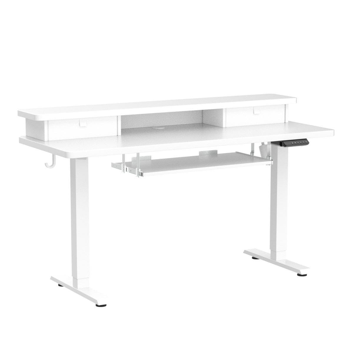 FEZIBO Standing Desk with Drawers, Adjustable Height Desk with Keyboard Tray, Stand Up Desk with Storage Shelf, 55 x 24 Inchs, White Top - WoodArtSupply