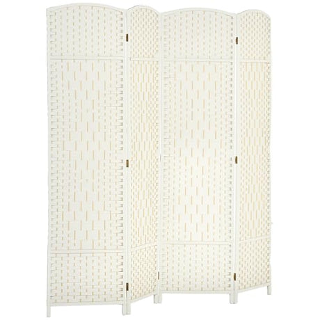 HOMCOM 4 Panel Room Divider, 6' Tall Folding Privacy Screen, Woven Freestanding Wall Partition for Home Office, Bedroom, White HOMCOM