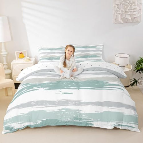 Erosebridal Abstract Teal Duvet Cover Full Size Modern Grey Striped Bedding Set for Boys Men Geometric Aesthetic Oil Painting Comforter Cover Minimalist Simple Watercolor Mint Green Bedclothes Erosebridal