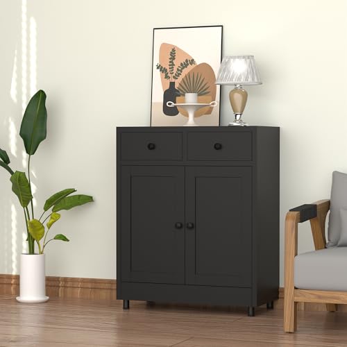 JINKUR Metal Storage Cabinet with 2 Drawers and Adjustable Shelf, Sideboard Buffet Cabinet for Home, Office, Hallway, Entryway, Living Room, Kitchen Pantry and Dining Room (Black) JINKUR