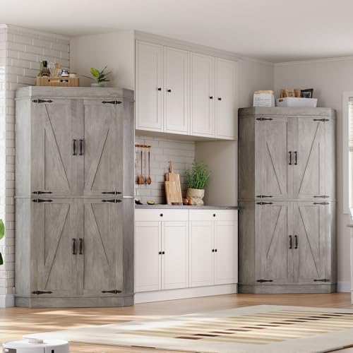 Jocoevol Corner Kitchen Pantry Storage Cabinet with Doors, Kitchen Hutch, 71'' Tall Food Storage Cabinet Furniture for Living Room, Dining Room (Grey) Jocoevol