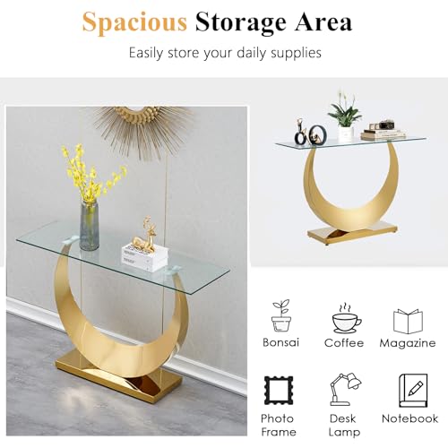 Modern Glass Entryway Console Table with Moon Shape Stainless Steel Pedestal Base, Long Narrow Sofa Table Behind Couch Hallway Table for Entryway, Living Room, Foyer, Entrance Gold TehRecBT