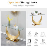 Modern Glass Entryway Console Table with Moon Shape Stainless Steel Pedestal Base, Long Narrow Sofa Table Behind Couch Hallway Table for Entryway, Living Room, Foyer, Entrance Gold TehRecBT