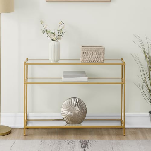 Convenience Concepts Royal Crest Glass Console Hall Table 42" - 3 Tier Modern, Contemporary Narrow Display Accent with Storage Shelves for Living Room, Entryway, Hallway, & Bedroom, Gold Convenience Concepts