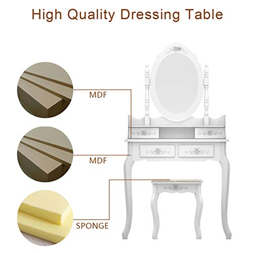 European - Style 4 - Drawer Single - Mirror Dressing Table Set in White - 360 - Degree Rotating & Removable Mirror Generic
