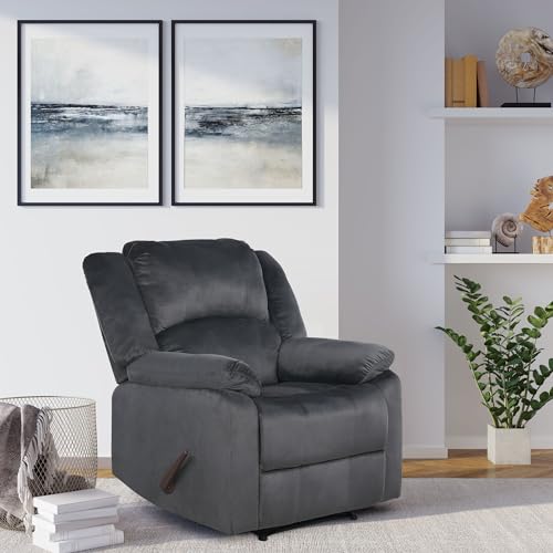 Relax-A-Lounger Preston 33.5" Manual Pull-Handle Recliner, Traditional Overstuffed, Pocket Coil Comfort, Black Metal Base Legs, Soft Microfiber Fabric, Steel Gray