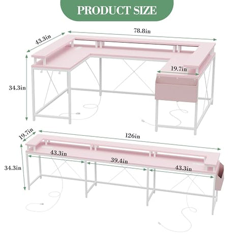 LALFPET U-Shaped Desk with Power Outlets & LED Lights - 79" Reversible Corner Computer Desk with Monitor Stand and Storage Shelf for Home Office, Gaming, and Two-Person Use, Pink LALFPET