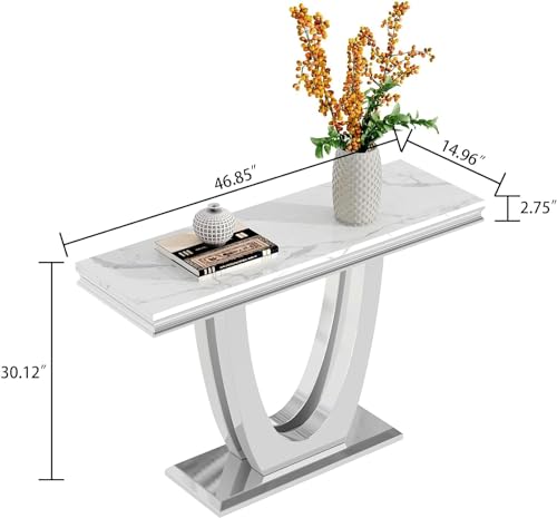 White Marble Console Table with Mirrored Stainless Steel U-Shaped Base, Faux Marble Top, Modern Design for Entryway, Hallway, Living Room, Silver Kootlena