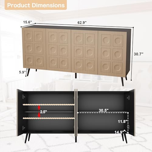 Vrmuxita Sideboard Buffet Cabinet with Storage: 63" Black and Oak Credenza Storage Cabinet for Living Room, Mid Century Modern Console Table with 4 Doors, Fluted Long Accent Cabinets (Oak) Vrmuxita