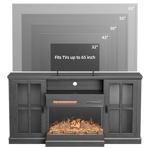 YESHOMY Glass Fireplace TV Stand for Televisions up to 65", Media Entertainment Center Console Table with Doors Closed Storage, Black with Wood Grain YESHOMY