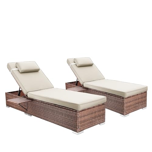 Rophefx Outdoor PE Wicker Patio Lounge Chairs Set of 2, Outside Rattan Pool Lounge Chair with Cup Holder & Adjustable Backrest, Brown Rattan Recliners for Poolside Deck Beach Yard (Beige Cushions)