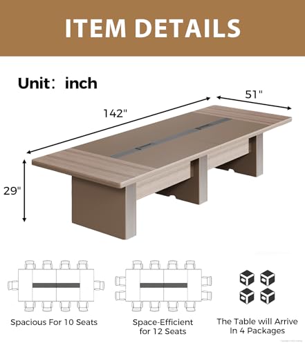 Anzhap 12FT Conference Table, Large Rectangular Seminar Meeting Table with 1.61" Thickened Tabletop, Rectangle Grommet & Heavy Duty Legs for Office Meeting (142" L * 51" W * 29" H) Anzhap