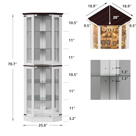 PAKASEPT 71'' Farmhouse Display Curio Cabinet with LED Lights,Tempered Glass Doors,6 Shelves,Floor Standing Display Cage Corner Wine Cabinet Storage Rack for Bar and Liquor Storage,White PAKASEPT