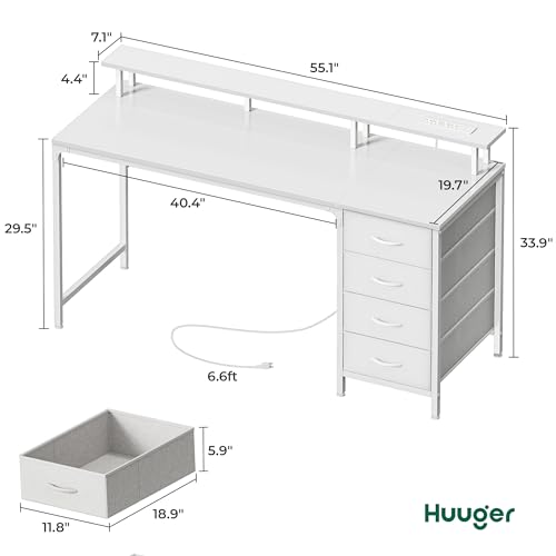 Huuger 55 Inch Computer Desk with Power Outlets and LED Lights, Gaming Desk with 4 Drawers, Office Desk with Monitor Stand, Study Desk Work Desk for Home Office, White - WoodArtSupply