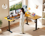 Casaottima 63 Inch Reversible L Shaped Electric Standing Desk, Ergonomic Height Adjustable Desk, Large Lift Corner Stand up Table for Workstation, Home Office, Reception Room, Rustic Brown Casaottima
