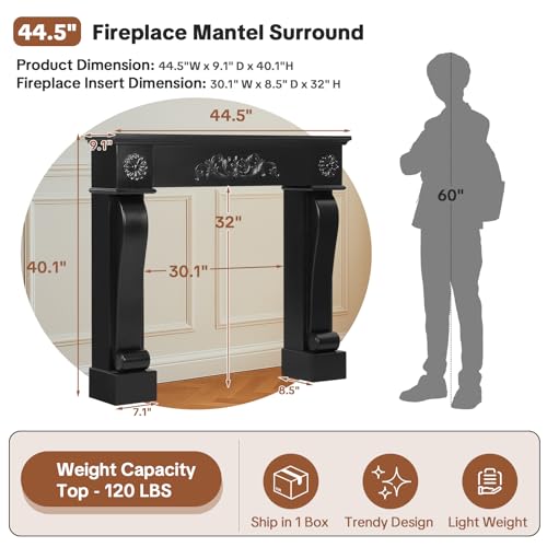 HOMEDIARY 44.5" Fireplace Mantel, Freestanding Fireplace Surround with Leg for Electric Fireplaces, MDF Mantel Surround with Shelf for Living Room with Decorative Pattern, Anti-Tipping & Waterproof HOMEDIARY