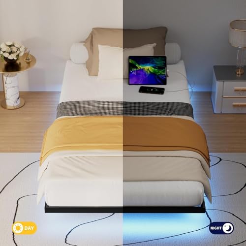 Aelawe Floating Bed Frame Twin Size with LED Lights and Charging Station, Metal Platform Bed, Easy Assembly No Box Spring Needed Aelawe