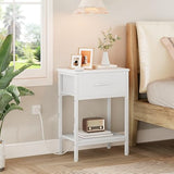 Vagusicc White Nightstand with Charging Station, End Table with Fabric Drawer, Small Side Table with 2-Tier Storage Shelves, 25.4" Tall Bedside Table, White Night Stand for Bedroom, Living Room, Dorm Vagusicc