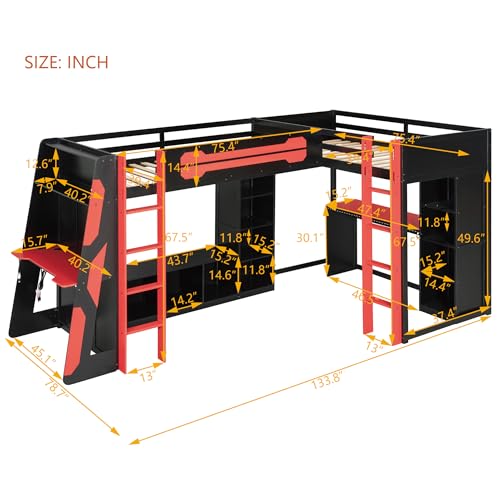 Merax Twin Size Gaming Loft Bed with Desk, TV Stand and Storage Shelves, Solid Wood Dual Twin Bed Frame with RGB LED Lights & USB Ports for Teens Bedroom, Space-Saving Design, Reversible Layout, Red Merax