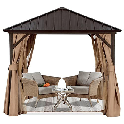 ABCCANOPY Hardtop Gazebo 8x8 - Outdoor Metal Hard Top Gazebo, Permanent Galvanized Steel Aluminum Framed Pavilion with Netting and Curtain for Patio Backyard Lawn Garden (Double Roof, Khaki)