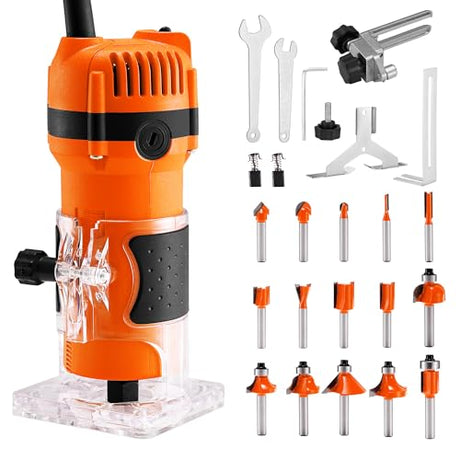 SILVEL Wood Router, 800W Wood Routers for Woodworking, 6.5Amp 1.25HP Hand Wood Router Tool, 30000R/MIN Compact Edge Trimmer with 15 1/4" Router Bit Set, Orange SILVEL