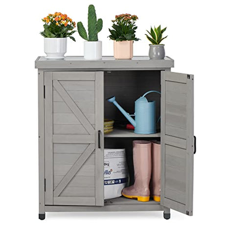Outdoor Storage Cabinet & Potting Bench Table with Metal Top, Wooden Patio Furniture, Garden Workstation (Royal Brown, 36x31x17in) SoliWood