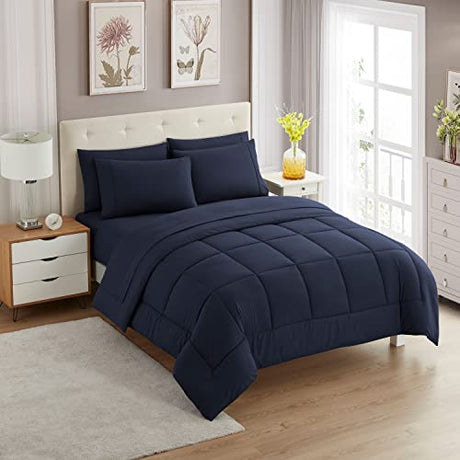 Sweet Home Collection 5 Piece Comforter Set Bag Solid Color All Season Soft Down Alternative Blanket & Luxurious Microfiber Bed Sheets, Navy, Twin Sweet Home Collection