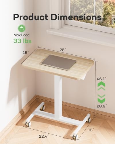 Marsail Mobile Standing Desk, Wider Height Adjustable Computer Desk, Rolling Sit Stand Desk with 4 Lockable Wheels, Ergonomic Desk for Home Office and Classroom, Natural Marsail