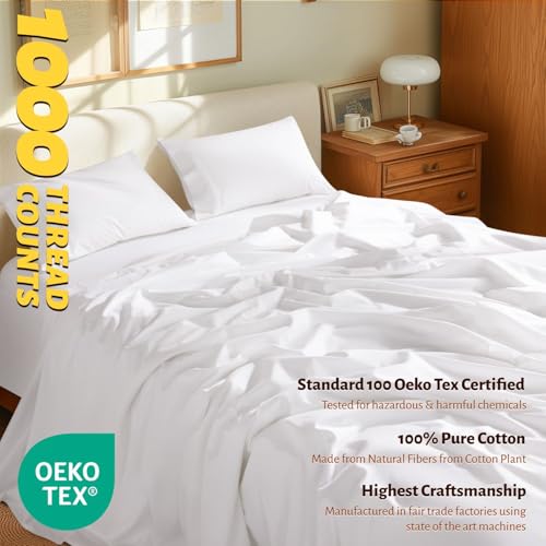 Shilucheng 100% Egyptian Cotton Queen Size Sheets Set - 1000 Thread Count，Luxury Cotton Bed Sheets，Breathable & Cooling Bedding and Pillow Cases, 16 Inch Deep Pocket - 4 Piece (White, Queen) Shilucheng
