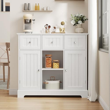 ChooChoo Buffet Cabinet, Coffee Bar with Drawers and Doors, Sideboard Storage with Shelves for Kitchen, Dining Room, Living Room, White ChooChoo