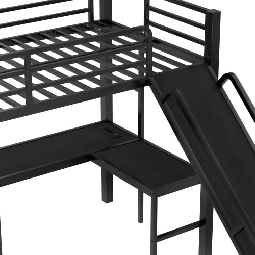 CITYLIGHT L-Shaped Metal Bunk Bed with Slide, Desk and USB Ports, 3 in 1 Twin XL Over Queen Bunk Bed for Kids Teens, Black CITYLIGHT