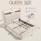 CIKUNASI 51.5" Queen Size Bed Frame with Tall Headboard and Storage | Velvet Upholstered Bed Frame with LED Lights & Charging Station | No Box Spring Needed Tall Footboard White CIKUNASI