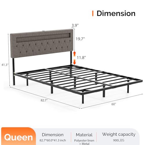VINGLI Floating Bed Frame Queen with Charging Station,RGB LED Lights, Metal Platform Bed with Upholstered Headboard, Adjustable Height, Gray VINGLI