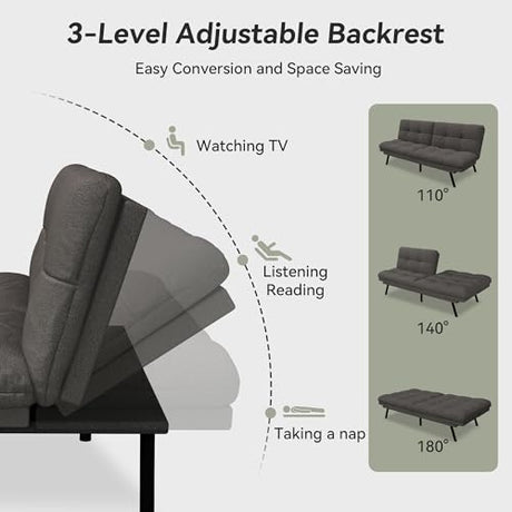 AMICLIBER Convertible Futon Sofa Bed,71" Memory Foam Futon Couch,Detachable Cushion,Adjustable Backrest & Armrest,Linen Modern Loveseat Sleeper Recliner for Living Room,Office,Apartment,Retro Grey AMICLIBER