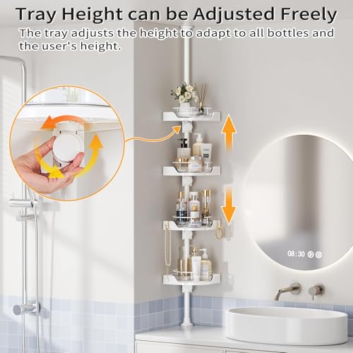 shuang qing 360° Rotating Corner Shower Caddy Tension Pole Organizer - 4-Tier Adjustable Rustproof Metal Pole, Plastic Shelves with Safety Guardrail, Bathroom Storage for Shower & Bathtub(White) shuang qing