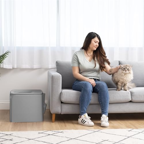 IRIS USA Premium Top Entry Cat Litter Box with Scoop, Square Enclosure for Cat and Kitty, Gray IRIS USA