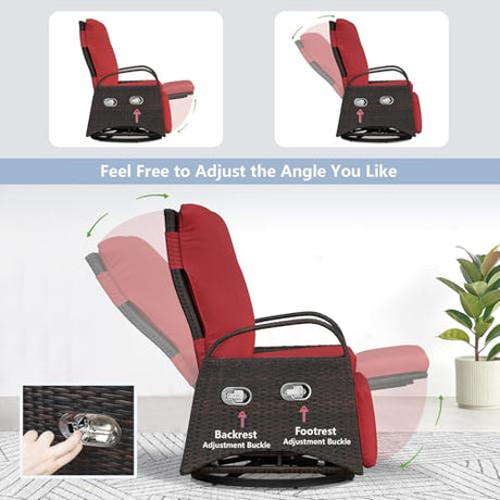 Skypatio Outdoor Patio Swivel Recliner Chair, Independently Adjustable Backrest and Footrest Patio Wicker Reclining Lounge Chair with Flip Side Table for Indoor, Balcony, Porch(Red) Skypatio