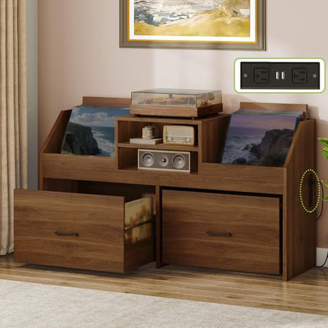 STHYTON Large Record Player Stand with Charging Station & 2 Sliding Drawers, Record Storage Cabinet with Vinyl Storage Hold Up to 500+ Album, Mid Century Turntable Stand for Living Room, Music Room STHYTON