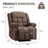 EBELLO Manual Recliner Chair for Adults with Vibration Massage and Lumbar Heating, Soft Fabric Recliner Single Sofa for Living Room with Side Pocket and Two Cup Holders, Brown
