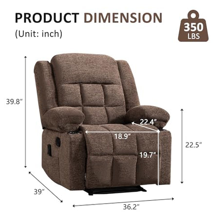EBELLO Manual Recliner Chair for Adults with Vibration Massage and Lumbar Heating, Soft Fabric Recliner Single Sofa for Living Room with Side Pocket and Two Cup Holders, Brown EBELLO