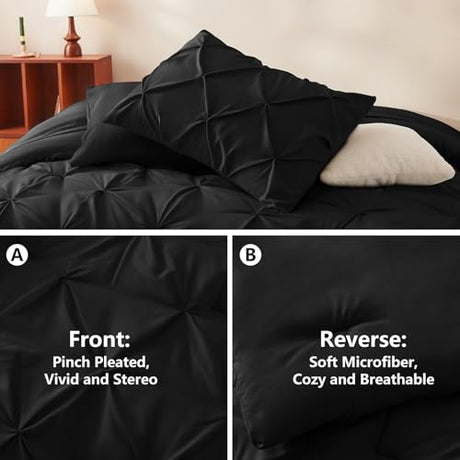 CozyLux Full Size Comforter Sets Black, 7 Pieces Pintuck Bed in A Bag Black Comforter Full Size, Pinch Pleat Bedding Sets with All Season Comforter, Sheets, Pillowcases & Shams CozyLux
