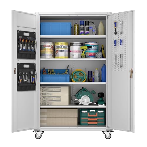 Upgraded Wide and Deep Garage Storage Cabinet with Wheels and Doors,Metal Storage Cabinet with Pegboards and 4 Adjustable Shelves for Garage Home Basement,Required Assembly,White,43.3"Wx21.9"Dx72"H Reemoon