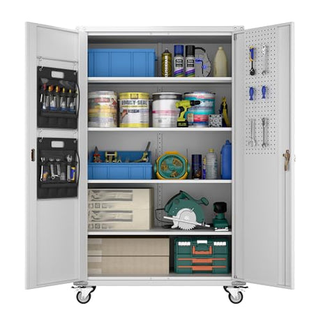 Upgraded Wide and Deep Garage Storage Cabinet with Wheels and Doors,Metal Storage Cabinet with Pegboards and 4 Adjustable Shelves for Garage Home Basement,Required Assembly,White,43.3"Wx21.9"Dx72"H Reemoon