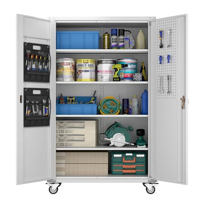 Upgraded Wide and Deep Garage Storage Cabinet with Wheels and Doors,Metal Storage Cabinet with Pegboards and 4 Adjustable Shelves for Garage Home Basement,Required Assembly,White,43.3"Wx21.9"Dx72"H