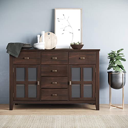 SIMPLIHOME Artisan Solid Pine Wood 54 inch Contemporary Sideboard Buffet Credenza in Dark Chestnut Brown features 2 Doors, 6 Drawers and 2 Cabinets SIMPLIHOME